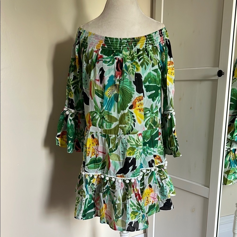 True Destinations Off the Shoulder Green Tropical Print Mini Dress w/Poms Size L